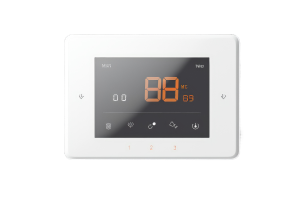 A sleek, white digital thermostat with an illuminated display showing temperature settings, representing climate control features.