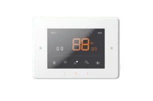 A sleek, white digital thermostat with an illuminated display showing temperature settings, representing climate control features.