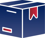A blue box with a red tag, symbolizing packing or storage services