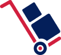 A stylized icon of a hand truck in red and blue, carrying two stacked boxes, representing moving or transportation of items.