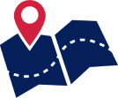 A map icon with a red location pin, indicating navigation or a specific location.