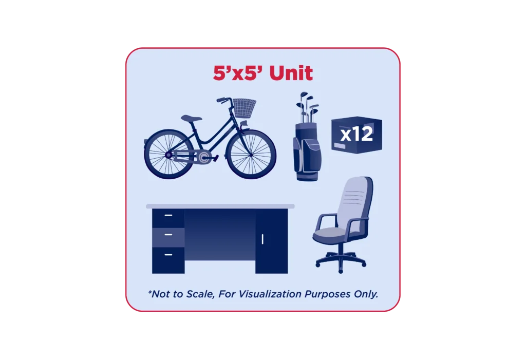 This image represents a 5'x5' storage unit, showcasing its capacity by illustrating items such as a bicycle, a golf bag, a desk, an office chair, and storage boxes.